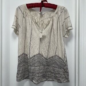 Lucky Brand Blouse Lace V-Neck Tassel Tie Front Floral Printed Hem Short Sleeve